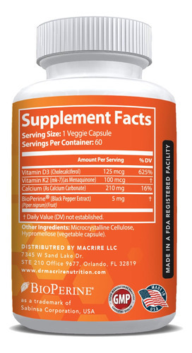 Dr. Macrire Nutrition Vitamina D3 K2, 5000 Ui De Vitamina D3