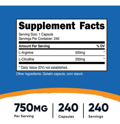 Suplemento Nutricost L-arginina L-citrulina Complex 750 Mg - Imagem 3