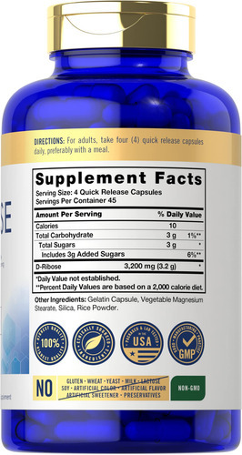 Suplemento Carlyle D-ribose Em Cápsulas 3200 Mg 180 Unidades - Imagem 2