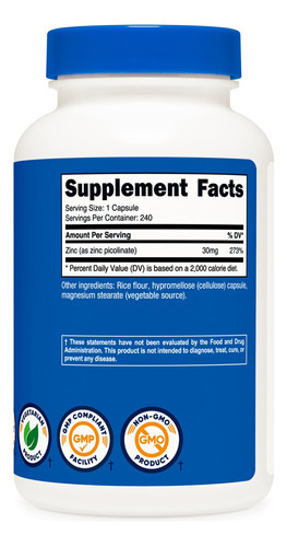 Suplemento Nutricost Picolinato De Zinco 30mg 240 Cápsulas - Imagem 6