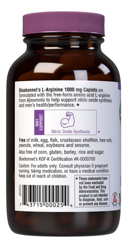 Bluebonnet Nutrition L-arginina 1000mg, Aminoácido De Forma - Imagem 3