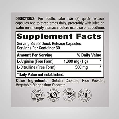 Piping Rock Complexo L-arginina L-citrulina 1000mg | 120 Cáp - Imagem 2