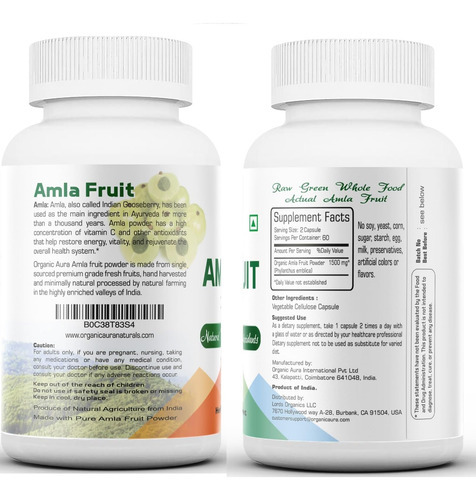 Cápsulas Orgânicas De Aura Amla 1500mg -150 Cápsulas Vegetai