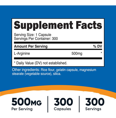 Suplemento Nutricost L-arginina 500 Mg 300 Cápsulas Gluten F - Imagem 2