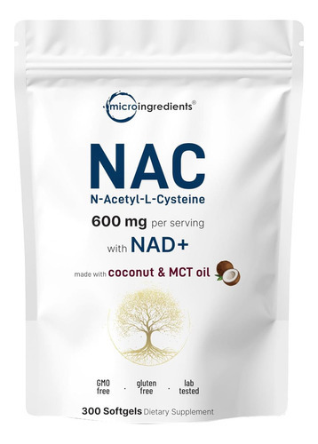 Nac 600mg Com Nad+, 300 Softgels De Óleo De Coco Mct | N Ace