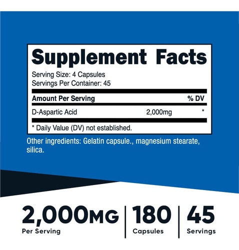 Suplemento Nutricost Ácido D-aspártico (daa) 2000 Mg 180 Cáp - Imagem 3