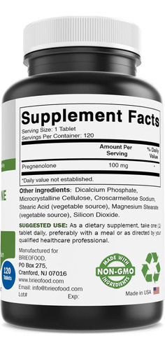 Brieofood Pregnenolona 100 Mg 120 Comprimidos - Suplemento D - Imagem 2