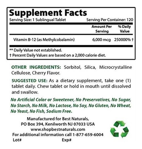 Vitamina B-12 Marca Best Naturals, 6000 Mcg, 120 Comprimidos - Imagem 2