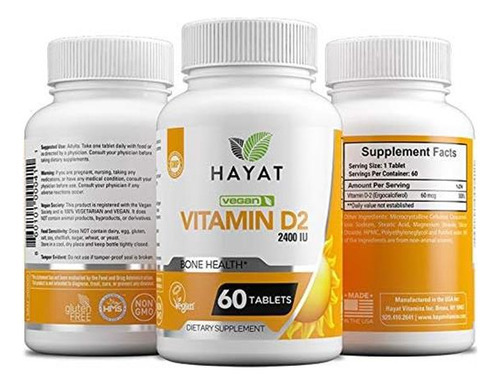 Hayat Vitamins Vitamina D Natural Vegana 2400 Ui, D2, Certif - Imagem 2