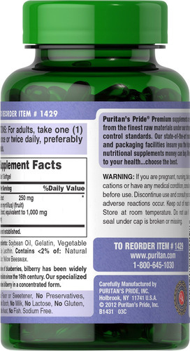 Extrato De Fruta De Mirtilo Premium Puritans Pride 250 Mg (e - Imagem 2