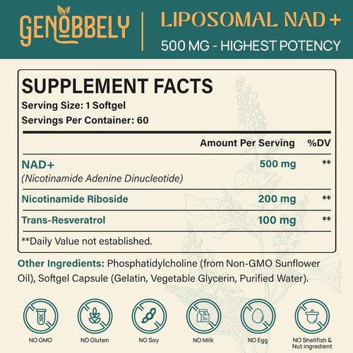 800 Mg Suplemento Lipossómico Nad+ Com Nicotinamida Ribos... - Imagem 2