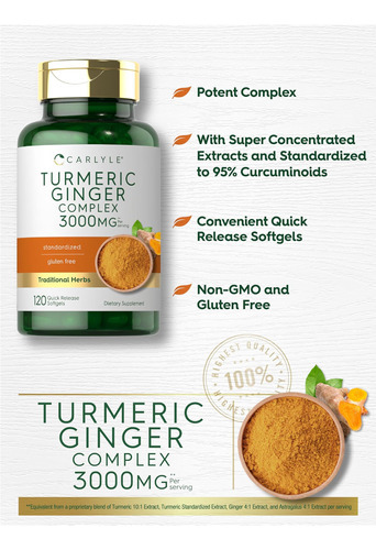 Suplemento De Cúrcuma E Gengibre Carlyle 3000 Mg | 120 Cápsu - Imagem 3