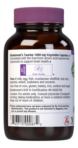 Bluebonnet Nutrition Taurina 1000 Mg, Saúde Do Sistema Nervo - Imagem 2