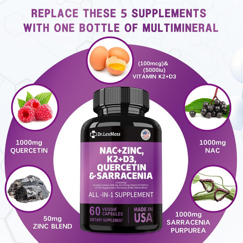 Suplemento Nac N-acetil Cisteína 1000mg Vitamina D3 K2 Zinco - Imagem 5