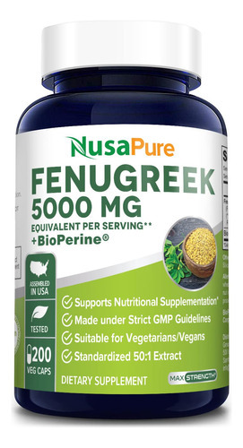 Suplemento Nusapure Fenugreek 5000 Mg 200 Cápsulas Vegetais