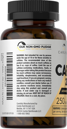 Pílulas De Cafeína Carlyle 200mg | 250 Comprimidos | Fórmula - Imagem 3