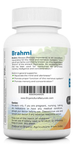 Cápsulas Orgânicas Aura Brahmi -120 Contagens. Fortalece E A