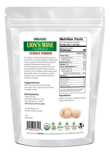 Z Natural Foods Pó De Extrato De Cogumelo Juba De Leão Orgân - Imagem 2