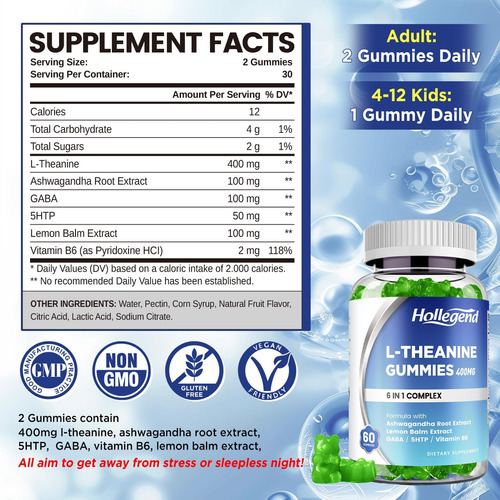Gomas De L-teanina Hollegend, Lteanina 400 Mg Com Ashwagandh - Imagem 6