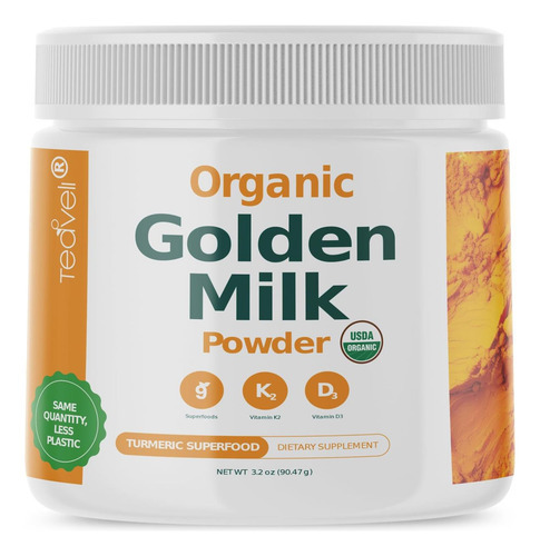 Leite Em Pó Dourado Orgânico Com Vitaminas D3 E K2, Cúrcuma,