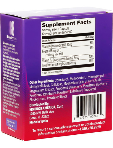 Blendamin Ferro Bisglicinato Ferroso Com Vitaminas B12 Ciano - Imagem 4
