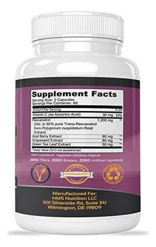 Resveratrol 1400mg 120 Cápsulas Potência Trans-resveratrol - Imagem 3