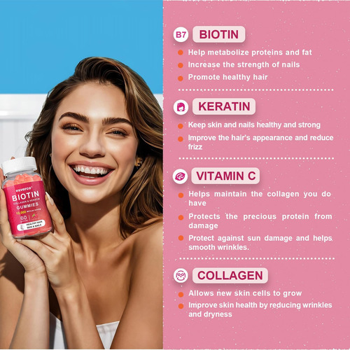 Biotina Gummiesmcg Colágeno Ceratina Gummies Suplementos De - Imagem 2