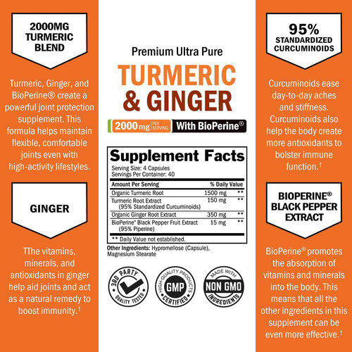 Suplemento De Cúrcuma E Gengibre Com Bioperine - 2.000 Mg De - Imagem 3