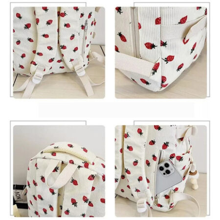 Novo Mochila De Veludo Cotelê E Morango 2024, Linda Mochila - Imagem 5