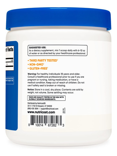 Glicina Em Pó Nutricost 454g - Não Transgênica, Sem Glúten, - Imagem 3