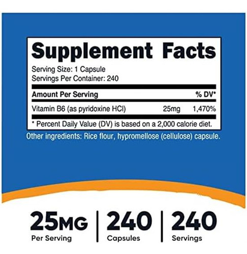 Nutricost Vitamina B6 (piridoxina Hcl) 25mg, 240 Cápsulas - - Imagem 2