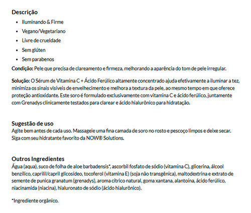 Vitamina C/sérum Ácido Ferúlico Now Foods 30ml Importado - Imagem 4