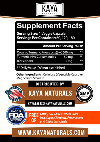 Kaya Naturals Turmeric Platinum, 60 Cápsulas, Bioperina, Sup - Imagem 3