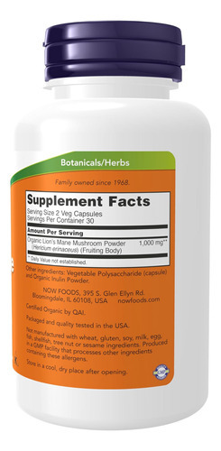 Now Foods Supplements, Lions Mane 500 Mg, Super Mushroom, Fe - Imagem 2