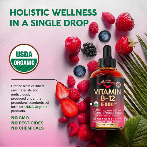 Gotas Sublinguais De Vitamina B12 Orgânica Usda - 5000 Mcg M - Imagem 3