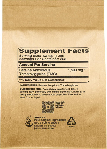 Ingredientes Originais Puros Trimetilglicina (1lb) Tmg Em Pó