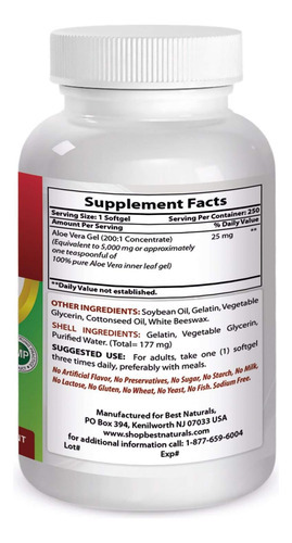 Gel De Aloe Vera Best Naturals 5000 Mg 250 Cápsulas Gelatino - Imagem 3
