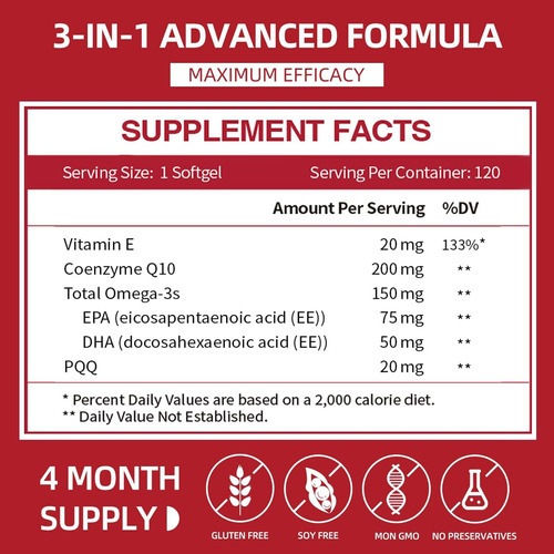 Softgels De Coqmg Com Pqq E Ômega 3, Coenzima Q10 De Absorçã - Imagem 2