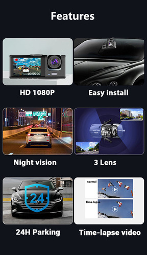 . Câmera Veicular Full Hd Dvr 3 Lentes Visor Filmadora Carro - Imagem 4