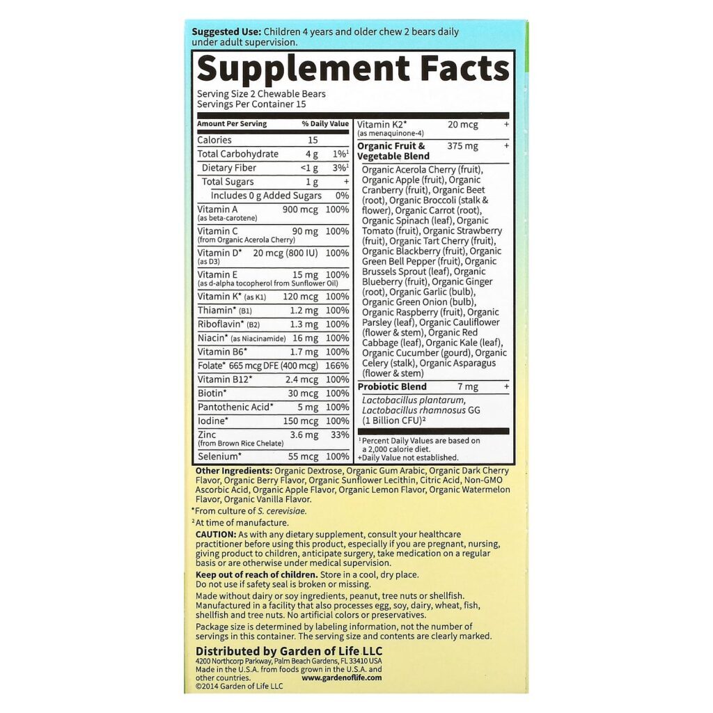 Garden of Life, Vitamin Code, Multivitamínico Mastigável de Alimentos Integrais para Crianças, Cereja, 30 Ursinhos Mastigáveis - Imagem 2