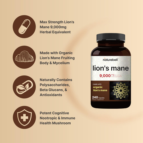 Suplemento Naturebell Lions Mane Mushroom 9.000 Mg 240 Cápsu - Imagem 3