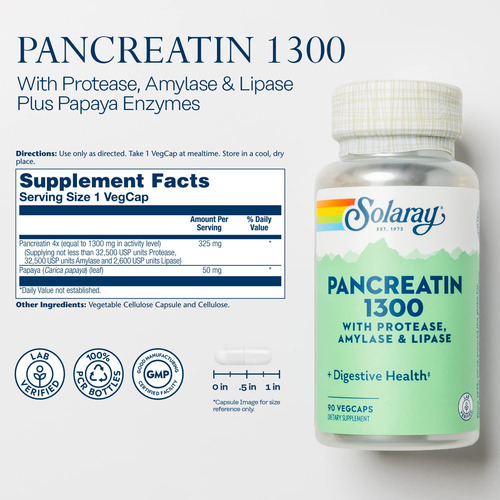 Suplemento Solaray Pancreatin 1300 Com Mamão 90 Cápsulas - Imagem 3