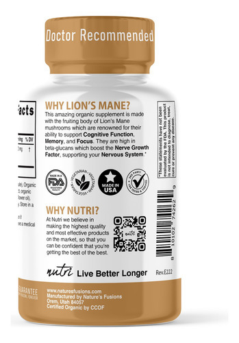 Suplemento Nature"s Fusions Nutri Organic Lions Mane 1900 Mg - Imagem 5
