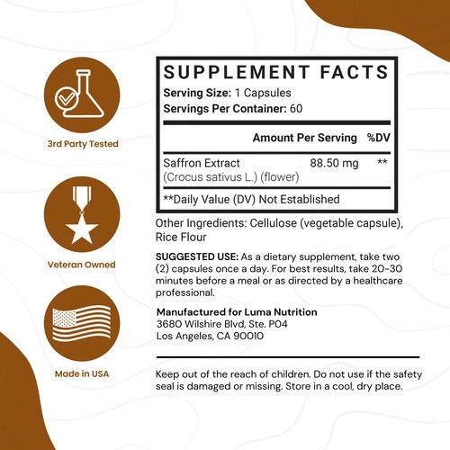 Suplementos Luma Nutrition Extrato De Açafrão 88,50 Mg 60 Cá - Imagem 2