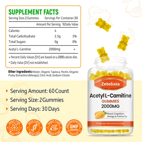 Suplemento Gomas De Acetil L-carnitina Zetelixia 2000 Mg 60 - Imagem 2