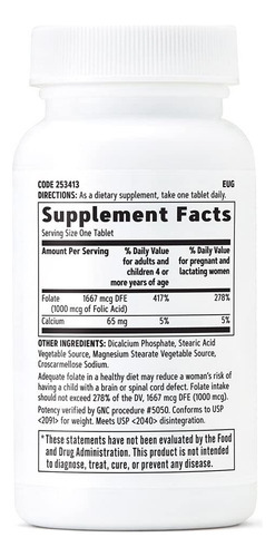 Suplemento De Ácido Fólico Gnc 1000mcg 100 Comprimidos Veget - Imagem 2