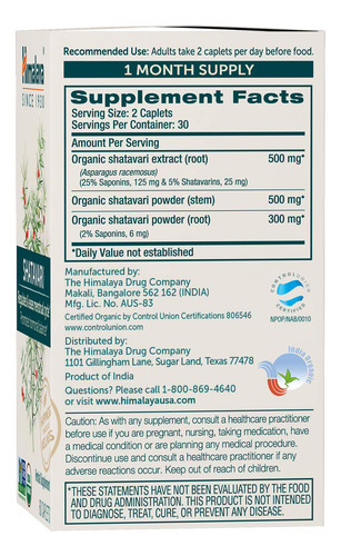 Suplemento Himalaya Organic Shatavari 1.300mg 60 Cápsulas - Imagem 2