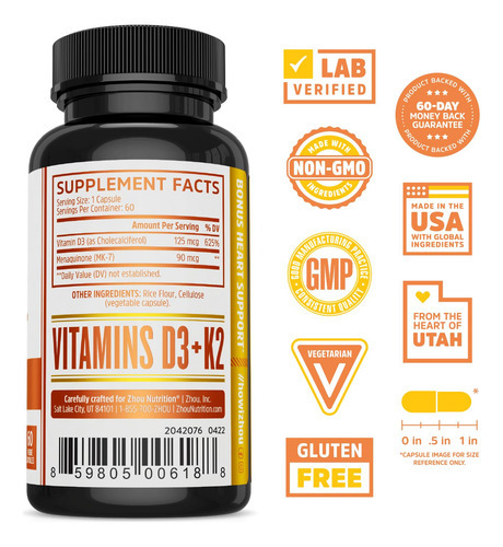 Suplemento Zhou Nutrition Vitamina D3 K2 5000iu/125mcg 60c - Imagem 2