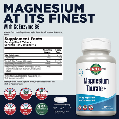 Suplemento Kal Magnesium Taurate Plus 400 Mg Com Coenzima B6 - Imagem 2