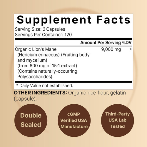 Suplemento Naturebell Lions Mane Mushroom 9.000 Mg 240 Cápsu - Imagem 2